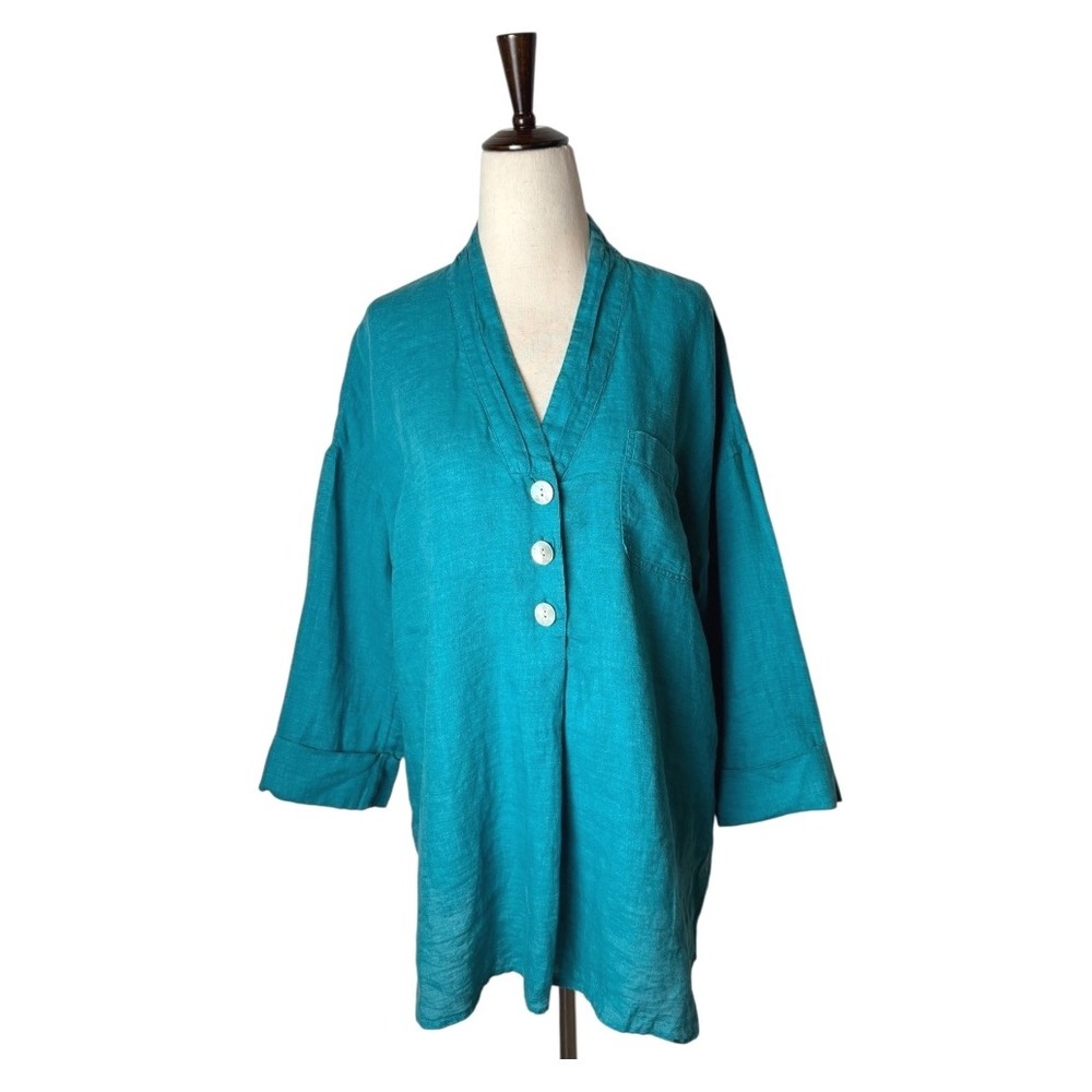 J Jill Shirt Women Medium Teal Blue Green Yarn Dyed‎ Linen Button Front Tunic